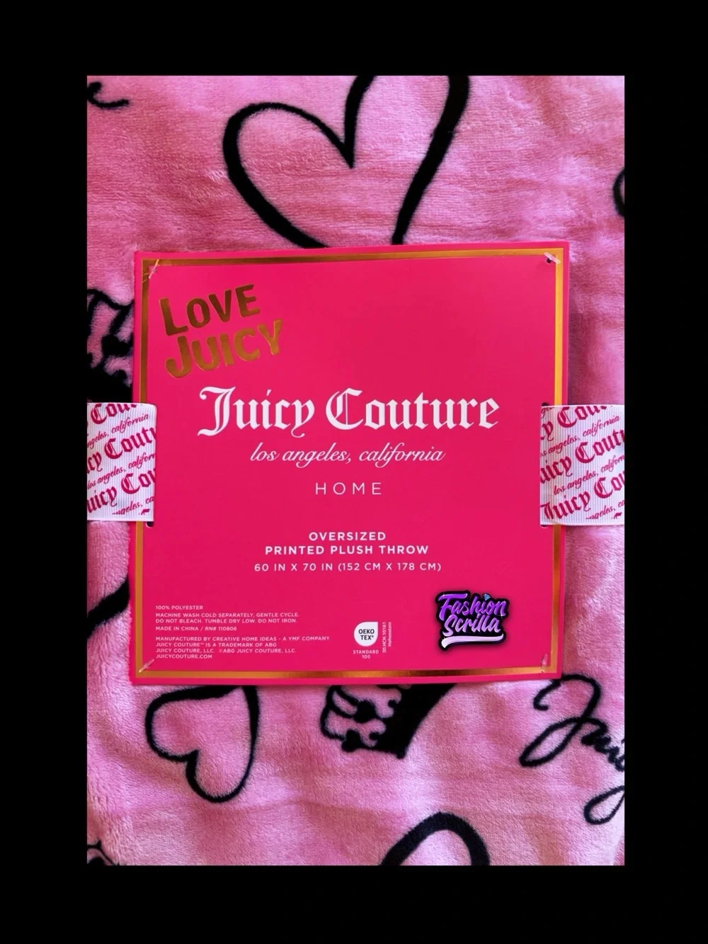 Juicy Couture Oversized Plush Throw Blanket Pink Black Heart Crown Logo NWT